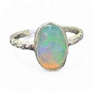 Rose Cut Oval Ethiopian Opal Ring 925 Sterling Silver Size 8 Carved Band